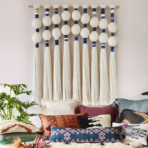 IOWER Macrame Wall Hanging Spherical Best Boho Wall Decor Fiber Handmade Cotton Rope Woven Decor with Tassels Aesthetic Handmade Woven Wall Art for Bedroom Living Room 27" W x 29.5" L - color: White and Blue
