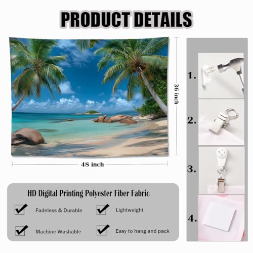 keowhsf Beach Summer Ocean Tapestry – Tropical Palm Trees Wall Hanging Decor with Blue Sky and Seaside Scenery, Nature Landscape Tapestry for Bedroom Living Room Dorm - color: SummerBeach, size: 48"L x 36"W