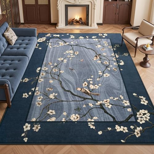 4x6 Area Rug for Living Room, Oriental Floral Birds Washable Rugs for Bedroom, Soft Low Pile Non Slip Carpet for Dining Room Kids Room Nursery Office Home Decor, Blue - color: Blue, size: 4' x 6' (Rectangular)