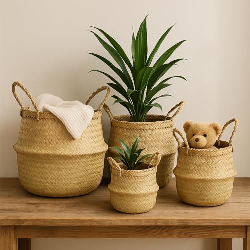 Seagrass Plant Basket Set of 3 with Handles – Handwoven Woven Basket Planter, Indoor Plant Basket & Plant Holder Basket, Natural Fiber Wicker Plant Pot Basket for Boho Farmhouse Home Decor - size: Set of 3 (with handles), style: With handles