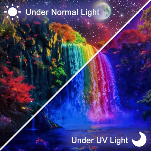CRAFTYMELODY Rainbow Waterfall Blacklight Tapestry Glow in the Dark Tapestry UV Reactive Lake Moon Wall Hanging 59×51 Inch with Hook Self Adhesive Sticker Clip for Bedroom Home Wall Decoration - color: Rainbow Waterfall