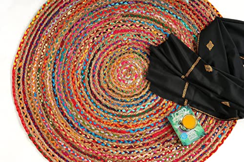 GRUHUM Handwoven 10'feet Jute Cotton Round Area Rug Natural Multi Chindi Boho Colorful Rustic Vintage Soft Braided Reversible Bohemian Rug Indoor EcoFriendly Kitchen Bedroom Living Room 10' ft Circle - color: Multi Color- 06, size: 10' (Round)