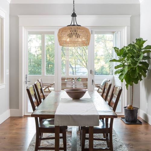 HMVPL Large Farmhouse Chandeliers for Dining Room, 5-Light Rattan Boho Chandelier Light Fixture with Wicker Lampshade, Coastal Hanging Pendant Lighting for Kitchen Island Bedroom Living Room Nursery - color: Brown, size: 5-Lights (D)18.1 in