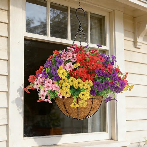 Senjie 12 Bundles Artificial Hanging Flowers with Basket for Outdoor Decor, UV Resistant Faux Flowers Fake Hanging Planter for Porch Patio Balcony - color: Mix 6 Color