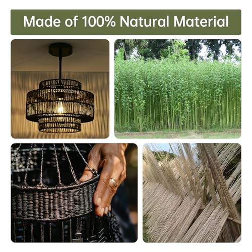 12.4” Black Boho Rattan Chandelier Light Fixture, 1-Light Hand Woven Pendant Light Fixture Farmhouse Rustic Hanging Lamp for Kitchen Island Bedroom, Dining Room, Living Room, Entryway, Foyer - color: Black, size: 12.4" 1-Light