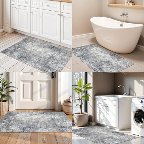2x4 Runner Rug Washable Non-Slip – Small Throw Rug for Kitchen Floor, Bedroom, Entryway, Bathroom, Bedside – Modern Abstract Neutral Low-Pile Thin Indoor Door Mat（Blue Grey,2x4） - color: Blue Gray, size: 2' x 4' (Rectangular)