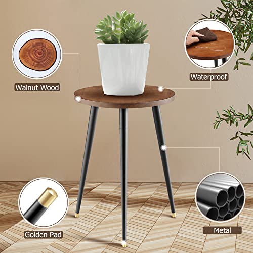 KINNARY Plant Stand Indoor, Mid Century Wood Plant Stand Plant Table for Flower Pots, Heavy Duty Metal Tall Plant Holder, Modern Home Decor Small Round Side End Table (11.8"x16") - color: Walnut