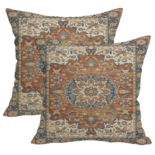 Boho Throw Pillow Covers 18x18 Set of 2 Orange Blue Ethnic Pattern | Western Boho Outdoor Pillows Cover Fall Autumn Bohemian Linen Decorative Pillowcase for Couch Bed Living Room Decor - color: Orange Blue 2, size: 18" x 18" (Pack of 2)