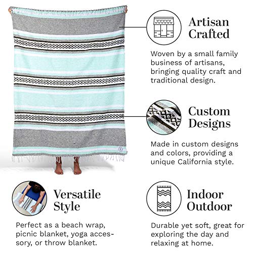 Teal and Gray Mexican Blanket by Laguna Beach Textile Co - Beach, Yoga, Camping, or Decorative Throw Blanket - Traditional Handmade Serape - Gray Sage - color: Mint & Gray