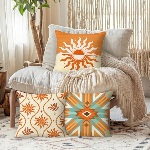 Bonhause Boho Southwestern Throw Pillow Covers 18x18 Inch Orange Aztec Ethnic Tribal Geometric Pattern Outdoor Decorative Polyester Linen Cushion Covers for Couch Sofa Bed Home Decor Set of 4 - color: Orange & Brown, size: 18" x 18" (Pack of 4)