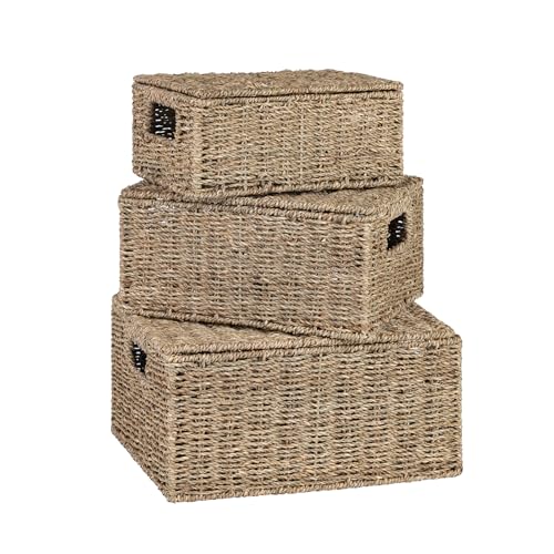 Wicker Storage Baskets with Lid, Hand-Woven Rectangular Wicker Basket with Lid for Bedroom & Living Room, Nesting Rattan Basket with Lid for Shelves (Seagrass, Set of 3）
