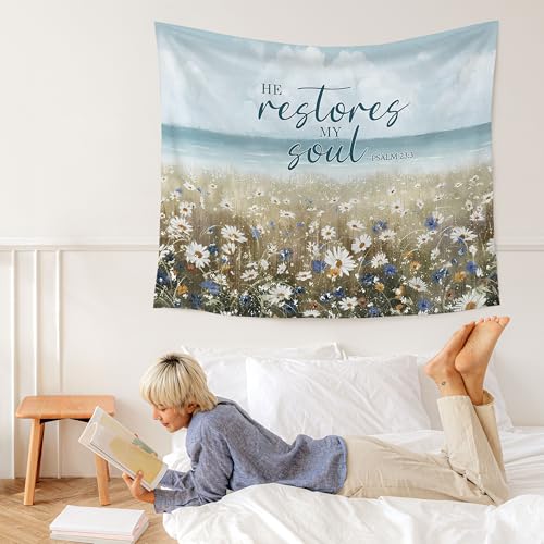 WARDOS Coastal Christian Tapestry, He Restores My Soul Bible Verse Tapestry Wall Hanging, Daisy Flower Field Religious Scripture Wall Blanket Decor for Home Beach Bedroom Cabin, 50x60 Inch - color: flower seven