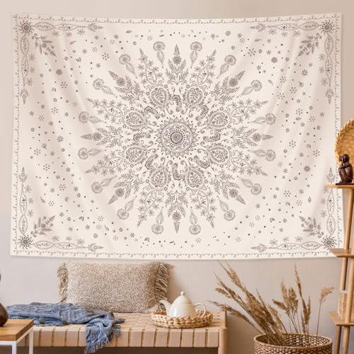 Lunerfex Boho Floral Tapestry Mandala Wall Tapestry, Cute Tapestries for Bedroom Beige Flower Tapestries Wall Hanging for Bedroom Living Room Decor Beige-1 60"x80" - color: White Black, size: 80"L x 60"W
