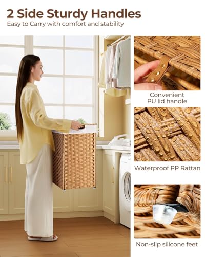 Greenstell Laundry Hamper with lid, No Install Needed, 110L Wicker Laundry Baskets Foldable 2 Removable Liner Bags, 2 Section Clothes Hamper Handwoven Rattan Laundry Basket with Handles, Natural - color: Natural