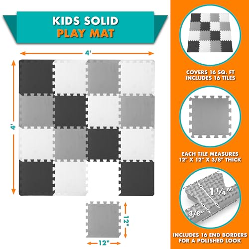 ProSource Baby Play Mat, Soft Foam Floor Tiles for Kids, Interlocking EVA Panels for Playpen Use, Crawling Development Surface, Safe Non-Toxic Toddler Flooring, 16 Tiles, Black/Gray/White - color: Black/Gray/White, size: 16 Tiles