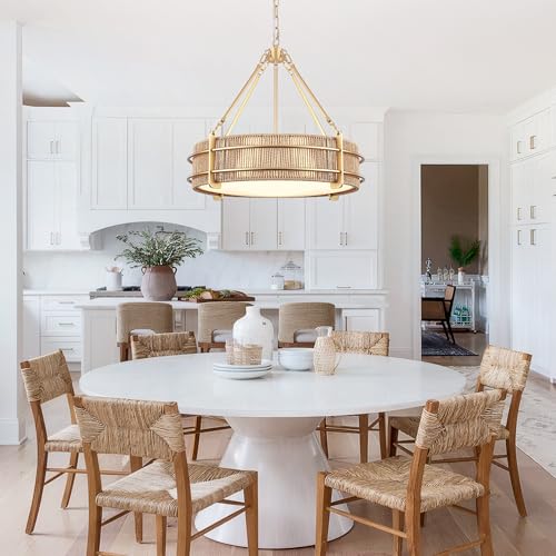 21.5'' Boho Rattan Chandelier Light Fixture, 5-Light Hand Woven Rattan Chandeliers with Fabric Shade, Rustic Gold Pendant Light for Kitchen, Bedroom, Dining Room, Living Room, Foyer - size: 21.5 inch