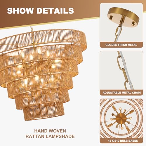 31.49" Large Rattan Gold Chandelier for Dining Room, Farmhouse 12-Lights Boho Hand-Woven Bamboo Chandelier, Drum Wicker Golden Chandeliers for Kitchen Island, Living Room, Bedroom - color: Gold 31IN