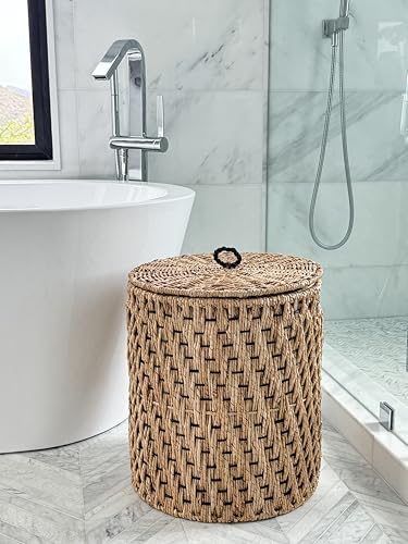 Round Sea Grass Laundry Basket with Removable Liner and Lid with Handle - Handwoven Seagrass in Coastal, Natural Decor Style - Seagrass Storage Bin for Your Home - 18 in. height - from Kouboo