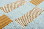 Checkered Hand-Tufted 100% Wool Area Rug - 6x9Ft, Rectangular Light Blue Base with Mustard and Beige Blocks, Olive Green Scalloped Edge, Cotton Backing Plush Carpet for Bedroom & Nursery - color: Light Blue, Beige, Green, size: 6x9 Ft