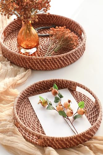 HITOMEN Hand-Woven Round Rattan Serving Tray Decorative Ottoman Wicker Platter with Handles for Coffee Table, Breakfast, Drinks, Snack, Bread, Fruit, Vegetables (Honey Brown Set of 2: M+L) - color: Honey Brown, size: Medium (11.8 inches)/Large (14.2 inche