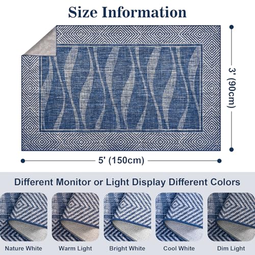 Jute Rug 3x5 Outdoor Patio Rug with Border, Washable Rugs for Entryway Porch, Farmhouse Non Slip Area Rugs with Rubber Backing, Non Shedding Carpet for Indoor Outdoor Bedroom, Courtyard, Blue - color: Blue, size: 3'x5'