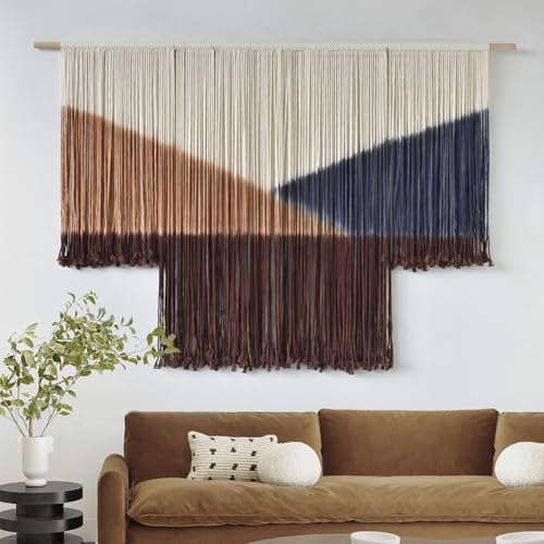 Jakalin Macrame Wall Hanging Geometric Boho Tapestry Dip Dyed With Modern Shapes, 57" W x 39" L Macrame Wall Art for Living Room or Bedroom Decor - color: Brown and Deep Blue