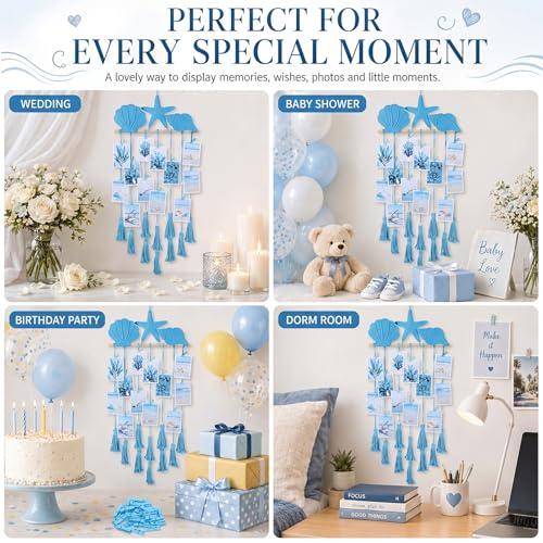 Ocean Blue Hanging Photo Display Macrame Wall Decor Starfish Seashell Photo Wall Display with 30 Wooden Clips Seaside Picture Holder for Teenage Girl Gift Beach Nautical Coastal Room Decor - color: Blue, style: Ocean