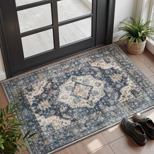AMOAMI-2X3 Small Rug-Washable Rugs Entryway Mat Indoor-Soft Vintage Non Slip Rugs for Kitchen Laundry Room Bathroom Blue Decorative Accent Rug for in Front of Sink 24 Inch x36 Inch - color: Blue, size: 2' x 3' (Rectangular)