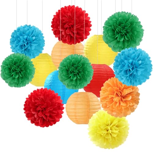 Rainbow Colorful Party-Decorations Paper-Flowers - 15pcs Welcome Back to School Tissue Pom Poms Lanterns Streamers,Carnival Video Game Kids Birthday Graduation Baby Shower Hanging Supplies Hugfond - color: Red Green Orange Blue