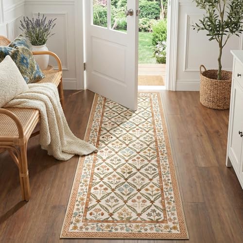 jinchan Haden Runner Rug 2x6 Vintage Floral Washable Hallway Rug for Entrance Kitchen Soft Non-Slip Low Pile Bedside Laundry Room Cottage Warm Indoor Decor Terracotta - color: Terracotta, size: 2' x 6' (Runner)