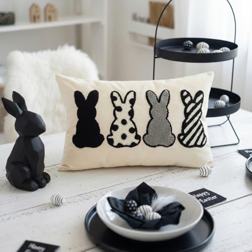 Jonhier Easter Bunny Lumbar Throw Pillow Cover, Black White Gray Neutral Rabbit Decorative Pillow Case for Bed Sofa Couch, Textured Modern Boho Cute Spring Cushion Cover for Home Decor, 12 x 20 inch - size: 20" x 12" (Pack of 1)