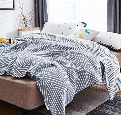 MEJU Blue Checks Stripes Triange Muslin Lightweight Summer Blanket for Bed Sofa Couch 100% Combed Cotton 3 Layer Soft Warm Bedspread Throw Blanket Bed Coverlet Sheet Twin 60 in X 80 in - color: Check2 Blue, size: Twin 60 in x 80 in
