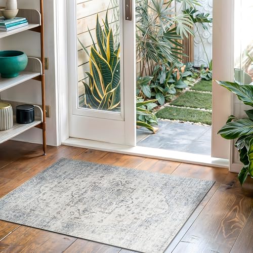 Bloom Rugs Washable Non-Slip 2x3 Rug - Ivory/Blue/Gray Traditional Oriental Area Rug for Living Room, Bedroom, Dining Room, and Kitchen - Exact Size: 2' x 3' - color: Ivory / Blue / Gray, size: 2' x 3' (Rectangular)