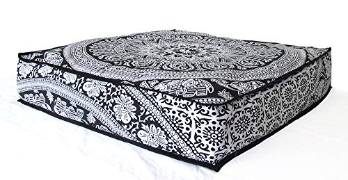 CRAFT KALA Mandala Floor Pillow Cushion Cover Seating Throw Cover Hippie Decorative Bohemian Ottoman Poufs Pom Pillow Cases Boho Indian Cotton Living Room Yoga Home Décor 24" Square Black and Elephant - color: Black and Elephant, size: 24" x 24" (Pack of
