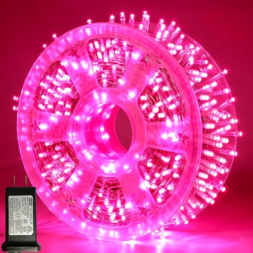 Pooqla 1000 LED Pink Christmas Lights Indoor Outdoor Decorations, 328 ft String Lights Plug in with Timer, 8 Modes Waterproof Clear Wire Twinkle Fairy Lights for Bedroom Xmas Tree Halloween Decor - color: Pink, size: 1000LED