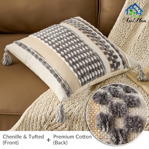 AmHoo Chenille Striped Textured Boho Throw Pillow Covers Aesthetic with Tassels Woven Decorative Pillow Case for Couch Bed Sofa Bedroom Modern Funky 18 x 18-Inch Grey White - color: Grey White, size: 18" x 18" (Pack of 1)