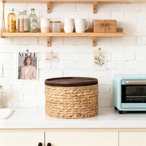 Water Hyacinth Storage Basket with Wooden Lid, 10.2" D x 5.1" H Handwoven Round Organizer for Shelf, Closet & Pantry (Medium) - size: Medium