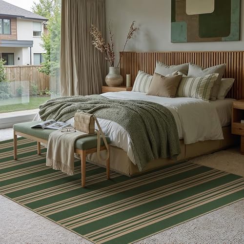 PureCozy Striped Easy Jute Rug 5x7 Green Living Room Carpet Washable Non Slip Bedroom Office Rug Farmhouse Neutral Non Shedding Indoor Outdoor Large Carpet for Kitchen Dining Room - color: Green/Striped, size: 5' x 7' (Rectangular)