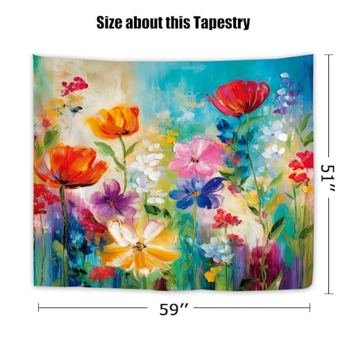 Colorful Flower Tapestry 59W by 51H Inch Wall Hanging Oil Painting Abstract Plant Wildflower Art Bedroom Living Room Dorm Polyester Fabric Home Decor - color: Colorful Flower Art, size: 59"L x 51"W