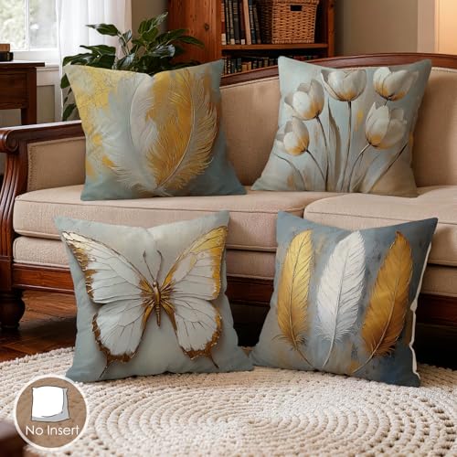OBSEDE Bohemian Feathered Butterfly Decorative Throw Pillow Covers 18 × 18 in, Set of 4, Couch Cushion Cases Inserts for Sofa Bed Living Room Home Decor, Single Side Print - color: Bohemian Feather Butterfly Design, size: 18" x 18" (Pack of 4)