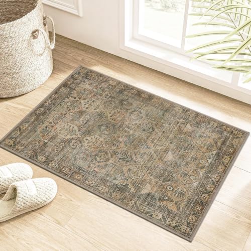 Bavni 2x3 Entryway Rug Bathroom Rugs for Front Door Bedroom Bathroom Kitchen, Washable Vintage Print Carpet, Ultra-Thin Chenille Lightweight Rug with Non Slip Backing, Warm Taupe - color: Area Warm Taupe, size: 2' x 3' (Rectangular)