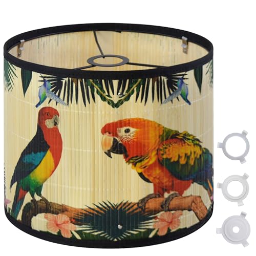 Bamboo Lamp Shade With Tropical Plants Chandelier Covers, Bohemian Farmhouse Drum Lamp Shade for Table Lamp Floor Lamp, Rustic Rattan Light Fixture for Bedroom Living Room (11.8x11.8x9 inch) - color: color6, size: 11.8*9
