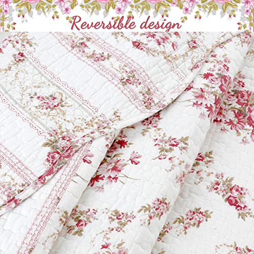 Cozy Line Home Fashions Fuchsia Pink Rose Cream Floral Print Reversible 100% Cotton Quilted Throw Blanket 60" x 50" Machine Washable and Dryable (Roses) - color: Roses
