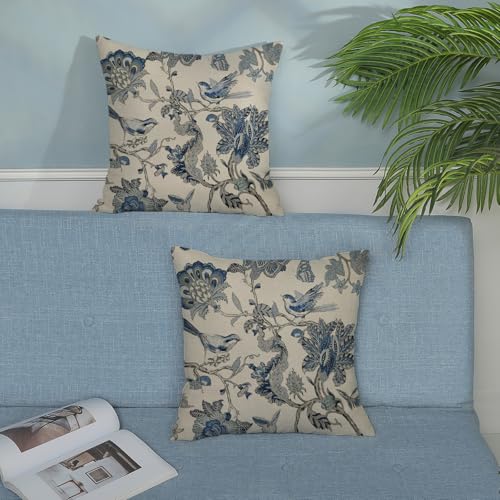 Chinoiserie Pillow Covers 16x16 Inch 2 Pcs Spring Navy Blue Floral Birds Decor Throw Pillows Vintage Flower Seasonal Outdoor Indoor Decoration Pillowcase Linen Cushion Cover for Couch Sofa Bed - color: Navy Blue Floral Birds, size: 16" x 16" (Pack of 2)