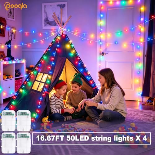 Pooqla 4 Pack Color Changing String Lights Battery Operated, Total 66.6ft 200 LED 34 Colors Battery Christmas Lights with Remote Indoor Outdoor Decorations Bedroom Classroom Porch Party Yard Decor - color: RGB (Red, Green, Blue), size: 50 LED x4
