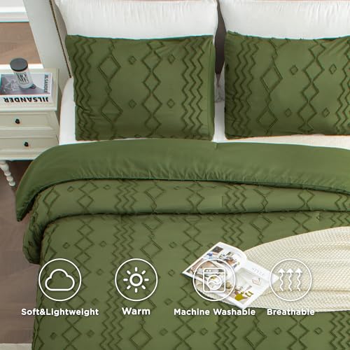Andency Olive Green Tufted Comforter Set Full(79x90Inch), 3 Pieces(1 Boho Comforter, 2 Pillowcases) Textured Farmhouse, Soft Down Alternative Geometric Bedding Set - color: 10 - Olive Green, size: Full (79"x90")