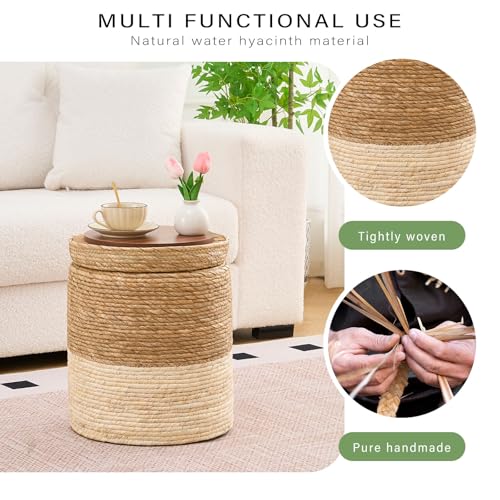 Wimarsbon Storage Pouf Ottoman, Hand Weaving Natural Straw Foot Stool, Bohemian Round Patio Ottomans, Rustic Lounge Pouffe, Outdoor Extra Seat for Garden (14inch Cattail+Beige Corn Husk L) - color: 14inch Cattail+beige Corn Husk L