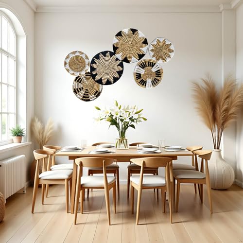 Laquedecraft Boho Wicker Rattan Plate Basket Set For Décor Hanging Wall | Large Woven Farmhouse Rustic Bohemian Art Baket Hangings For Decorative Home, Bedroom, Living Room, Kitchen, Bathroom (Art Deco, Natural, Set of 6) - size: Set of 6, style: Art Deco