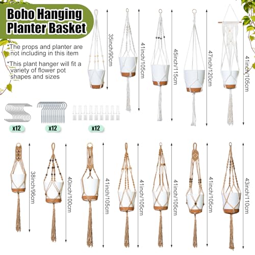 Hoteam 12 Pcs Macrame Plant Hangers Macrame Hanging Planters for Indoor Plants Handmade Boho Hanging Baskets Flower Pots Holder for Outdoor Home Wall Decor - color: Beige, Brown