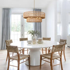 26 Inch Boho Rattan Chandelier, 6-Lights Hand Woven Bohemian Chandeliers with 2-Tier Drum Wicker Shade, Modern Farmhouse Large Pendant Light Fixture for Dining Room Living Entryway Bedroom - color: Gold Metal, size: 26 Inch